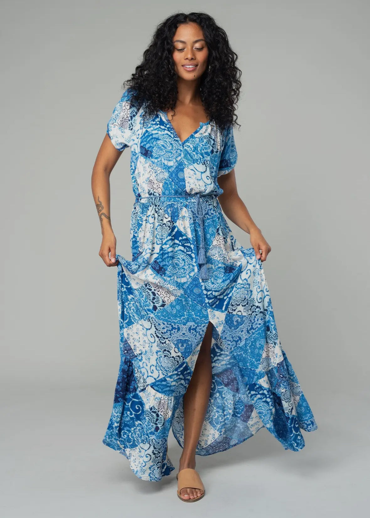 Patchwork print maxi dress in blue denim