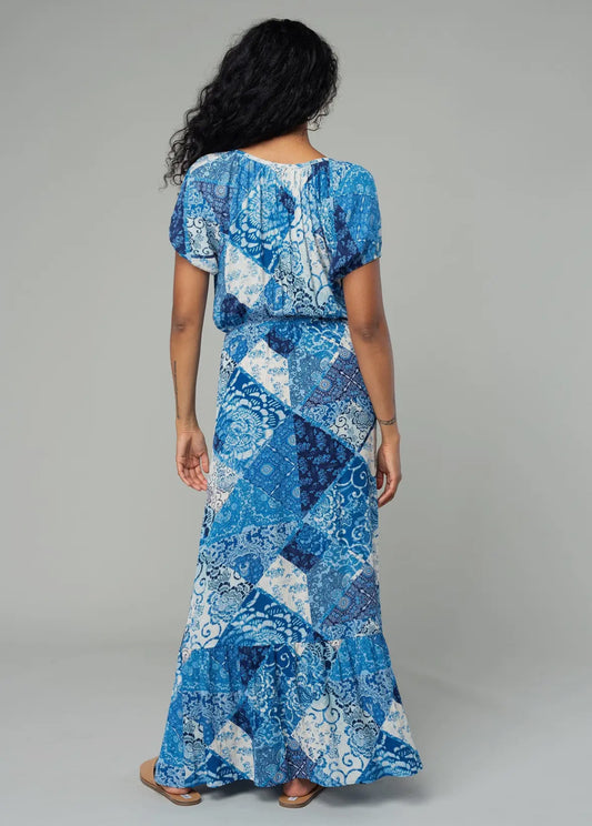 Patchwork print maxi dress in blue denim