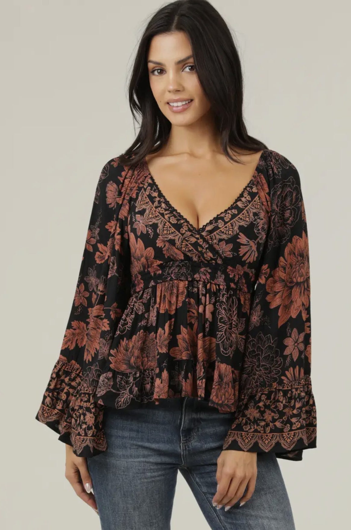 Boho Inspired Smocked Waist Blouse