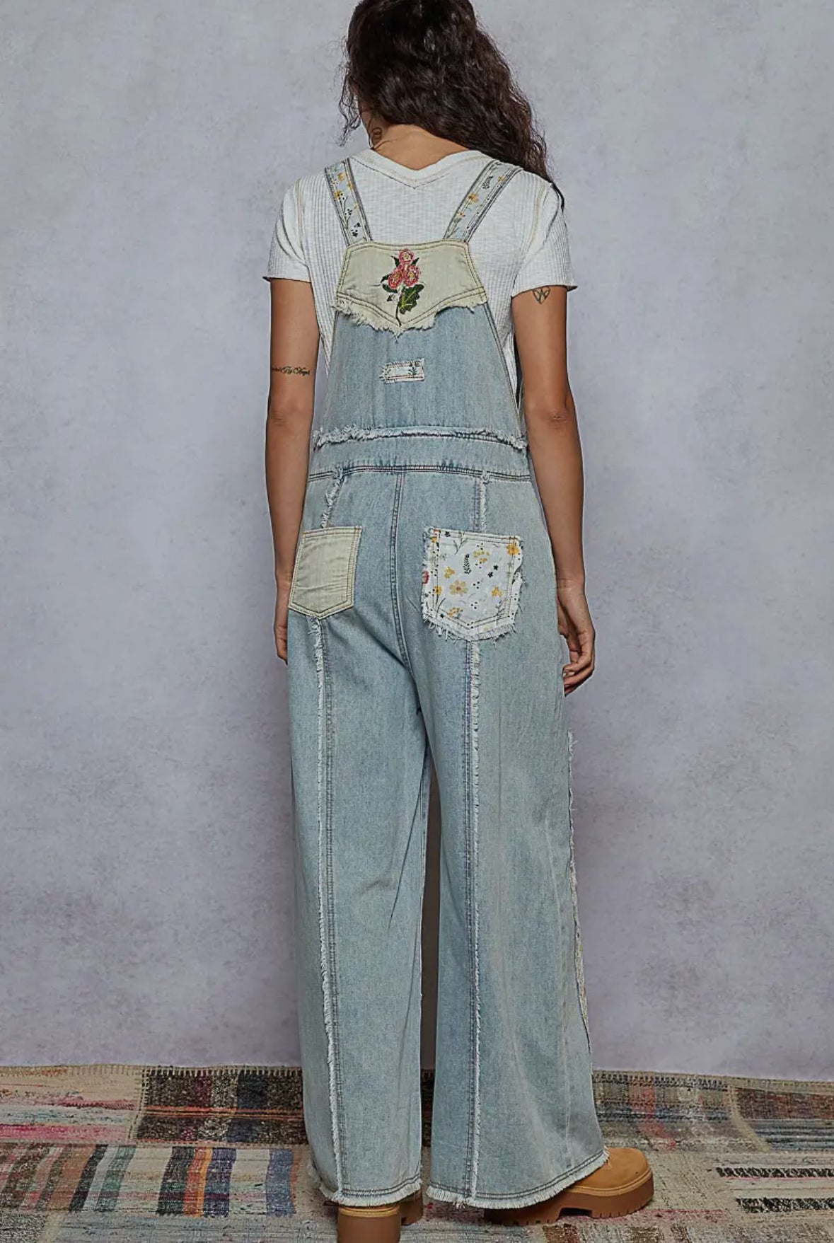 Floral patchwork embroidery overall