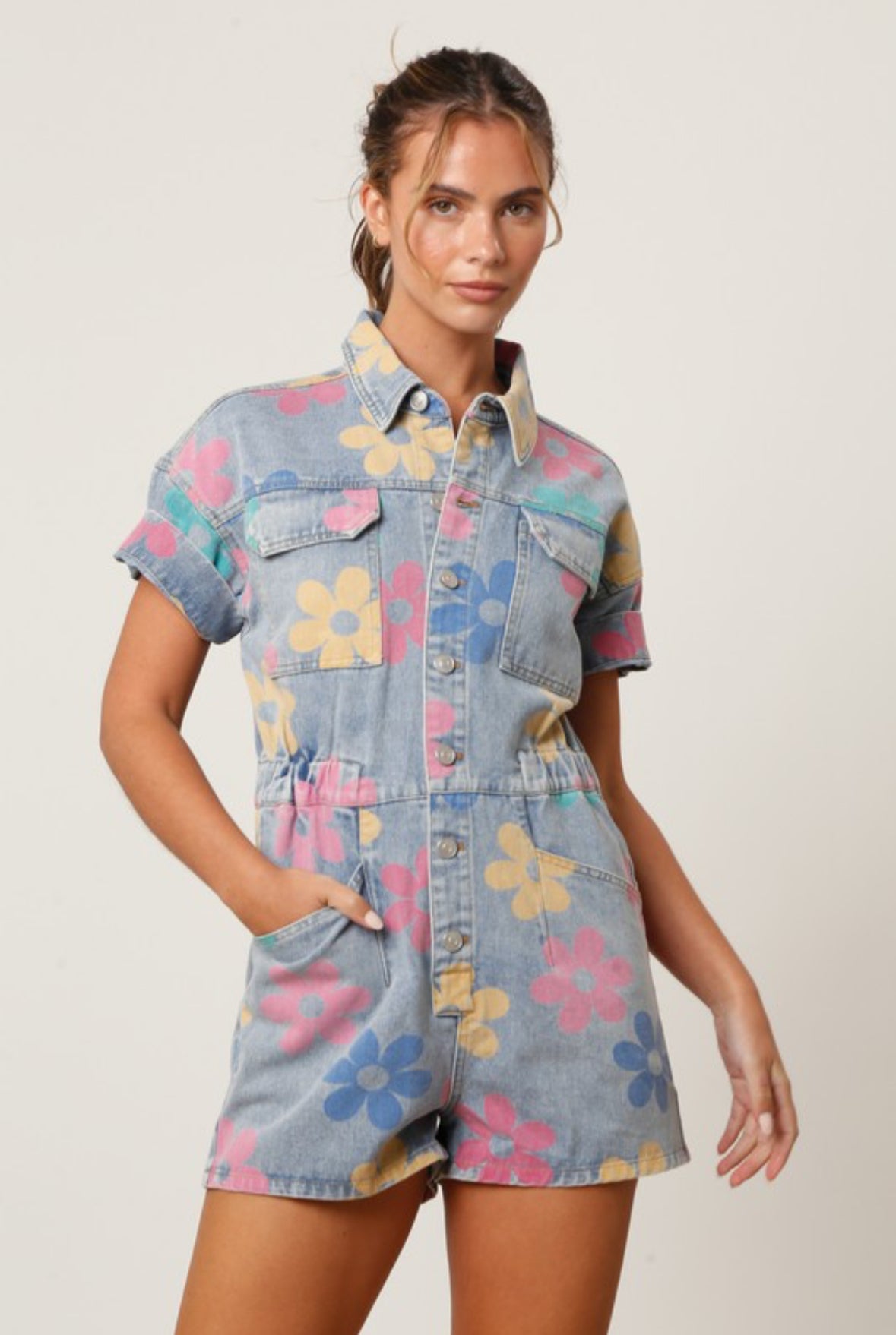 Denim romper in Spring Flowers