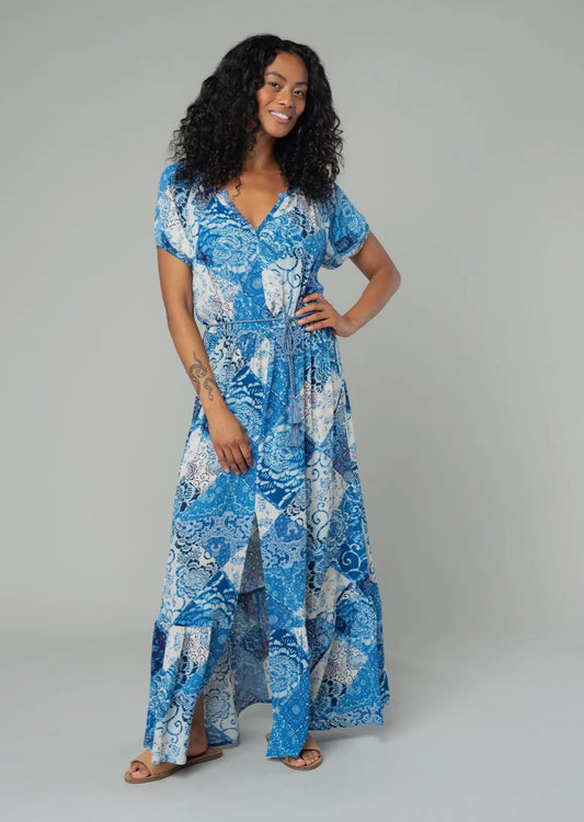 Patchwork print maxi dress in blue denim
