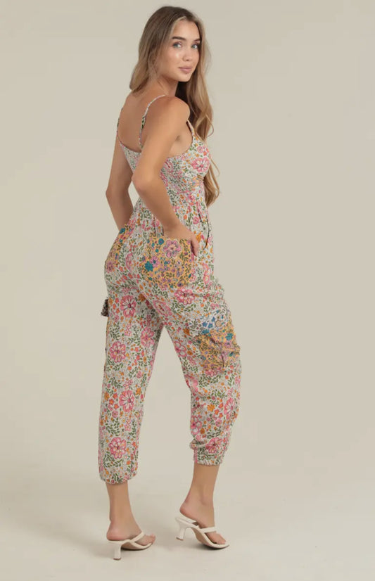 Evelyn - patchwork jumpsuit in pink flowers