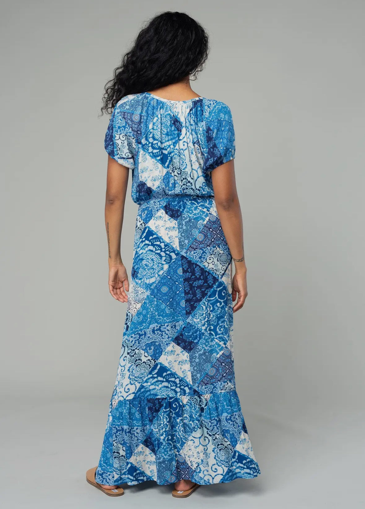 Patchwork print maxi dress in blue denim