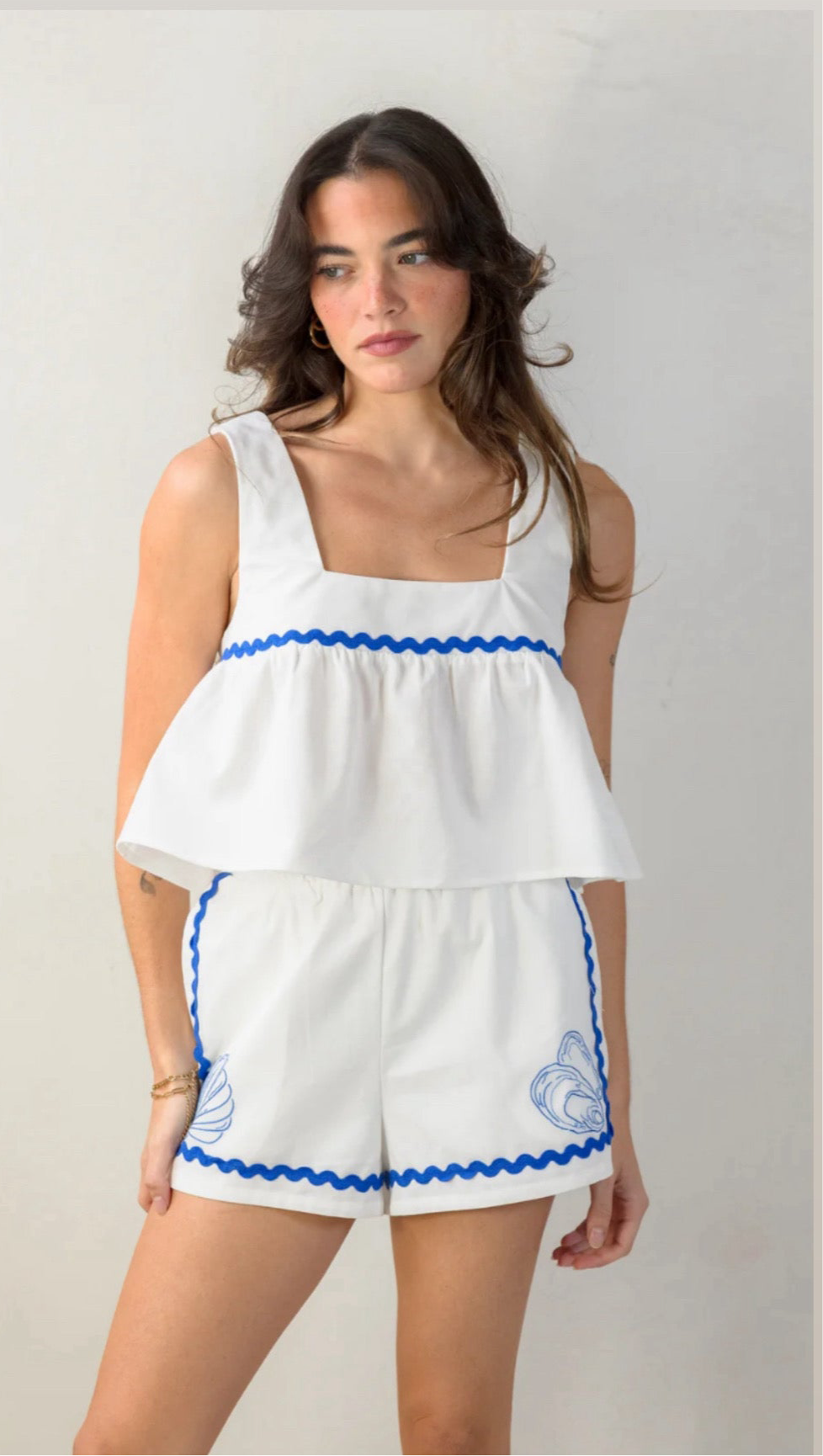 Portofino - white top with blue embroidery