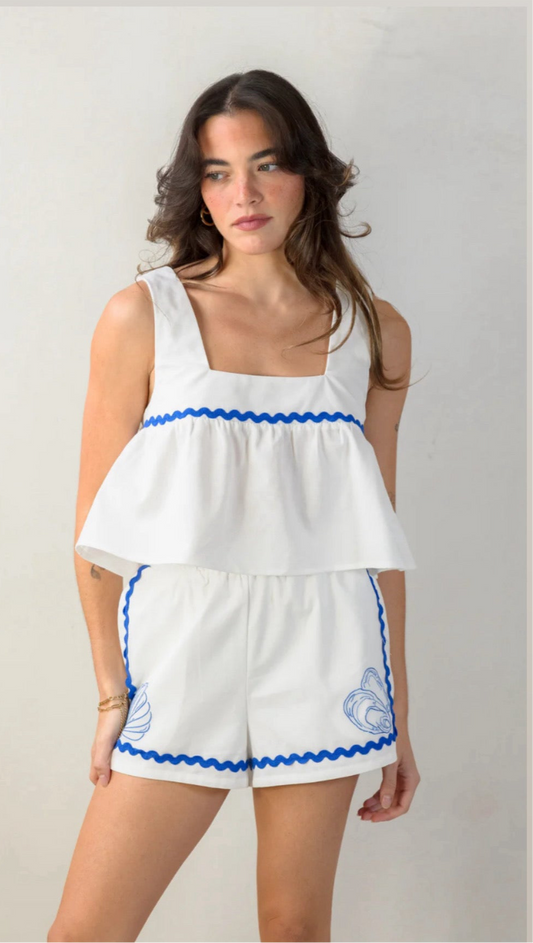 Portofino - white top with blue embroidery