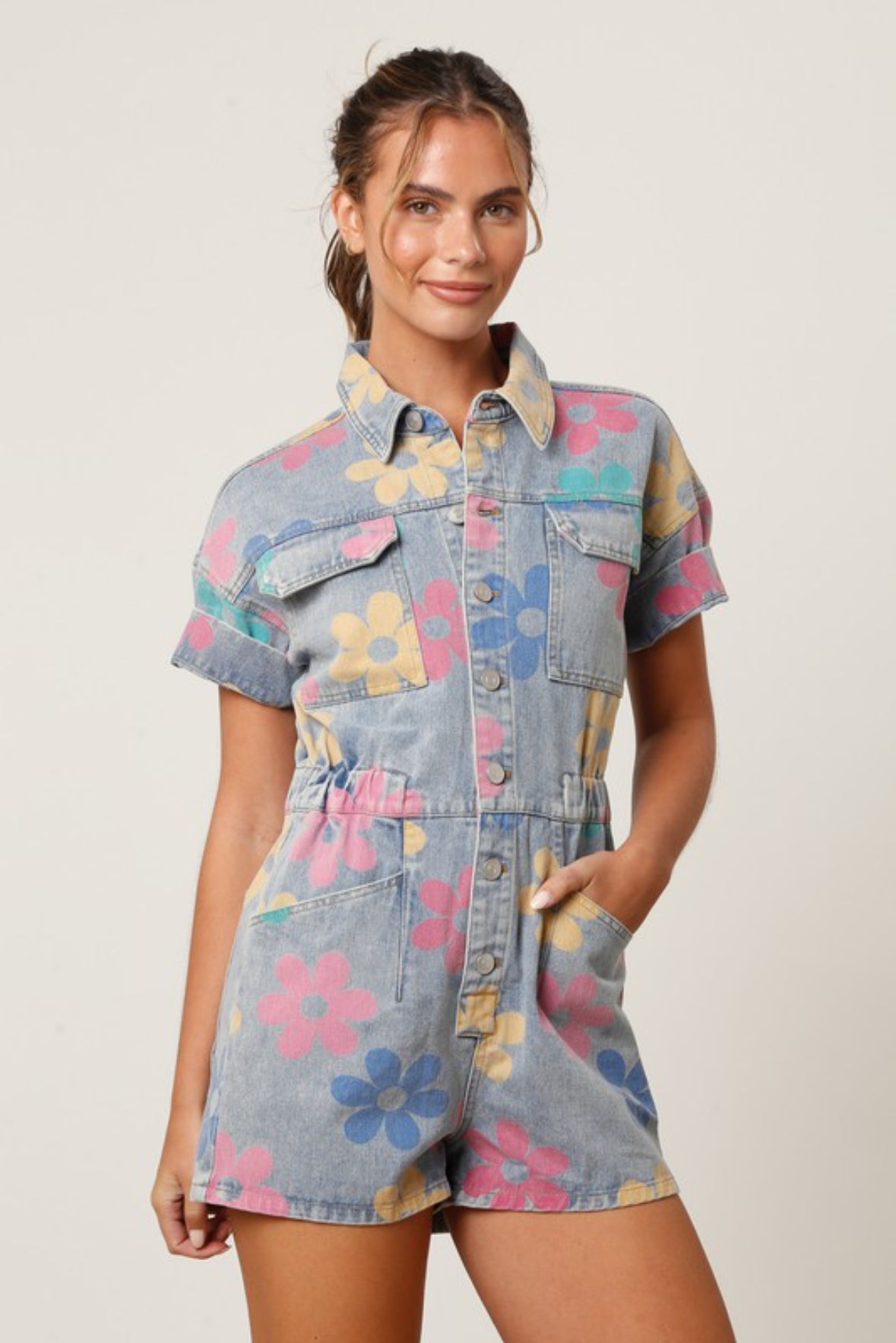 Denim romper in Spring Flowers