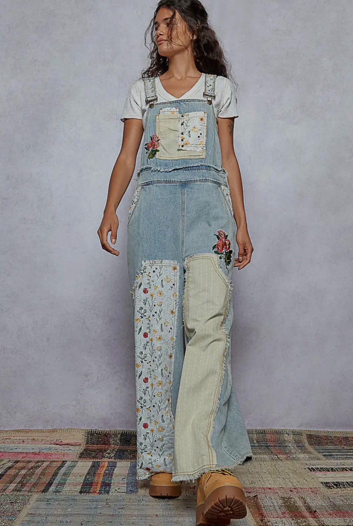 Floral patchwork embroidery overall