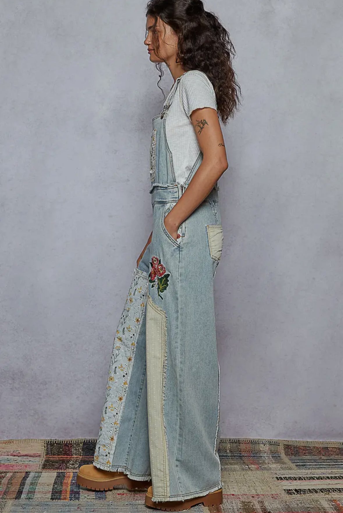 Floral patchwork embroidery overall