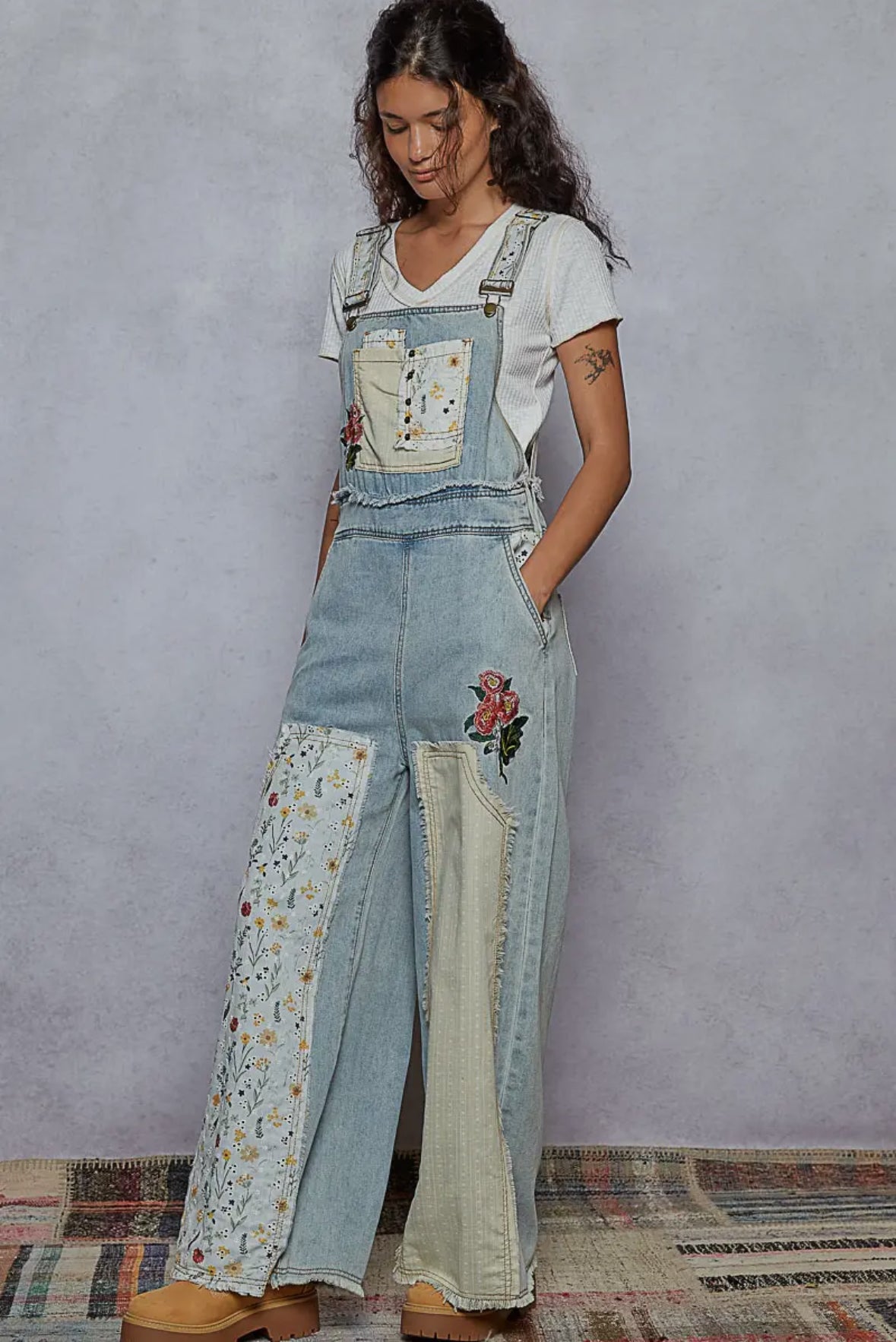 Floral patchwork embroidery overall
